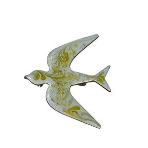 Vintage Swallow Bird Enamel On Copper Brooch Pin Yellow White Signed
